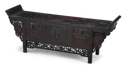 Appraisal: Good Chinese carved softwood and brown lacquered table coffer th