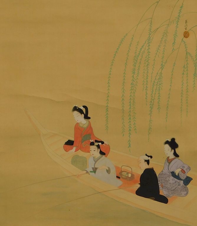 Appraisal: Japanese River Fishing Hanging Wall Scroll Japan Three geisha women