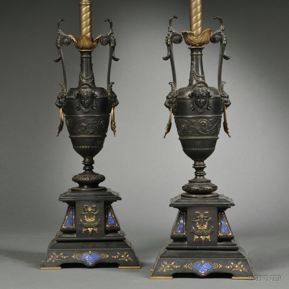 Appraisal: Pair of Greek Revival Bronze and Slate Vases th century