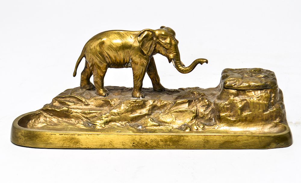 Appraisal: Bronze Elephant Motif Pen Tray with Inkwell Bronze elephant motif