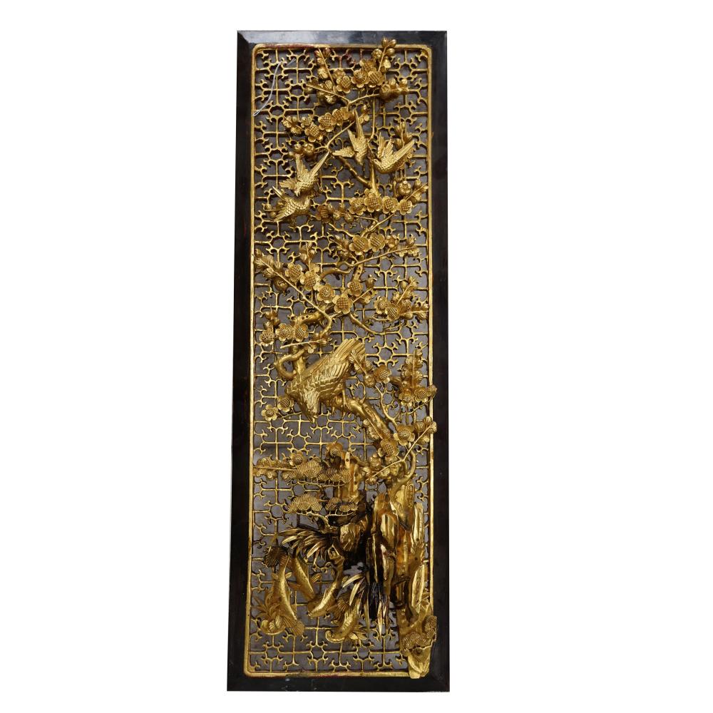 Appraisal: CHINESE GILTWOOD PANELdepicting birds on flowering branches x inches Condition