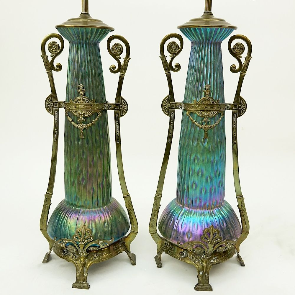 Appraisal: Pr Loetz Sea Urchin Art Nouveau Art Glass Lamps An