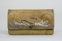 Appraisal: Art Nouveau Sterling Leather Case Two sterling silver swans grace