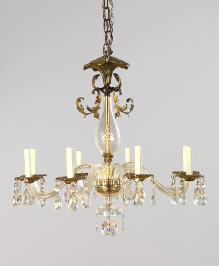 Appraisal: George VI Brass and Cut Glass Eight-Light Chandelier second quarter