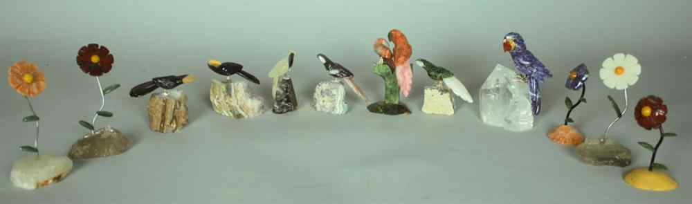 Appraisal: GROUP OF HARDSTONE SPECIMEN BIRDS AND FLOWERS Including seven examples