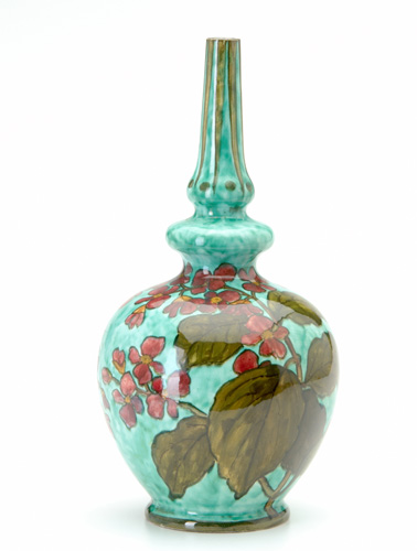 Appraisal: JOHN BENNETT Bottle-shaped bud vase painted with red quatrefoils on