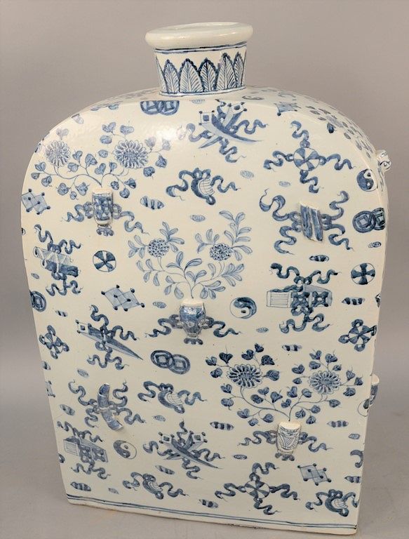 Appraisal: Large blue and white Chinese vase flask form with molded