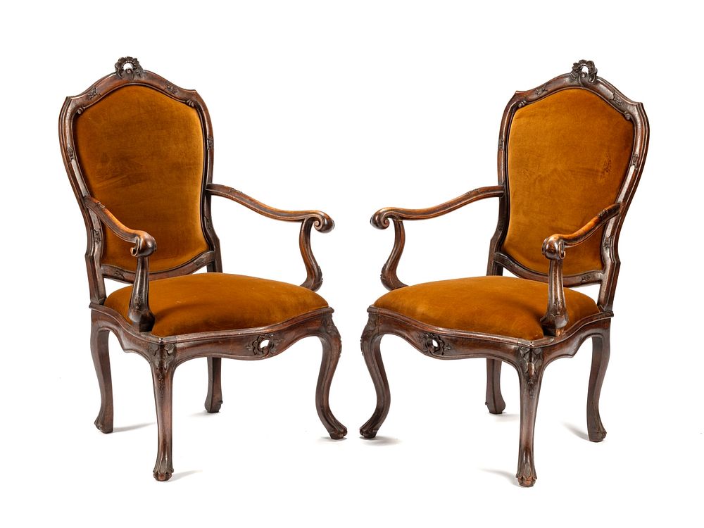 Appraisal: A Pair of Italian Walnut Armchairs A Pair of Italian