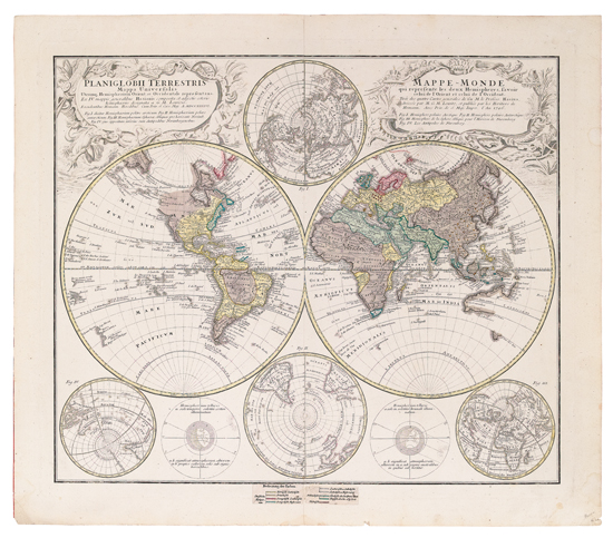 Appraisal: HOMANN HEIRS Planiglobii Terrestris - Mappe-Monde Double-page engraved double-hemispheric map