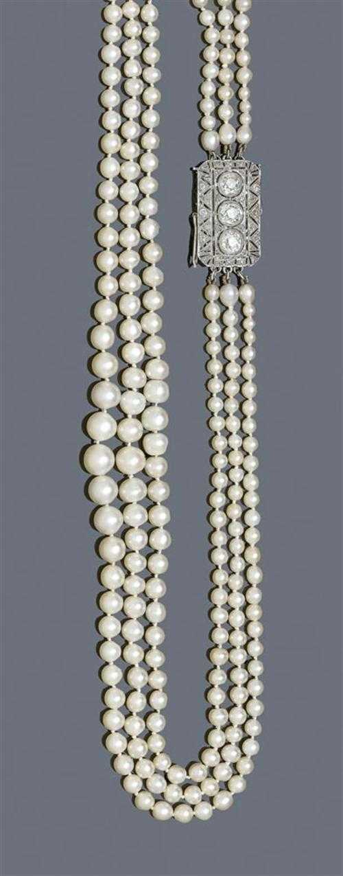 Appraisal: NATURAL PEARL NECKLACE ca Platinum and white gold Elegant three-row