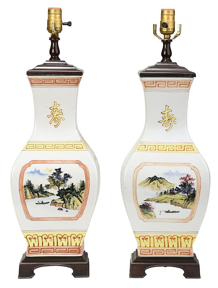 Appraisal: Near Pair of Chinese Vases Converted to Lamps squared baluster