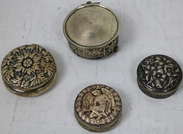 Appraisal: ROUND STERLING SILVER BOXES HAVE EMBOSSEDLIDS AND ONE HAS A