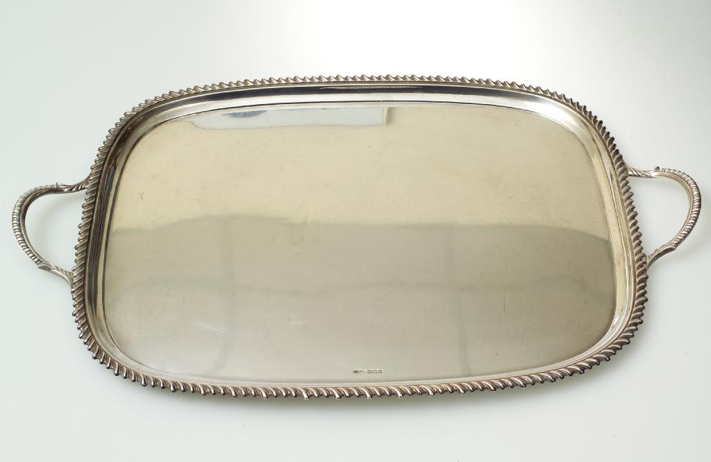 Appraisal: EDWARDIAN SILVER TWO-HANDLED TEA TRAY JAMES DIXON SON SHEFFIELD of