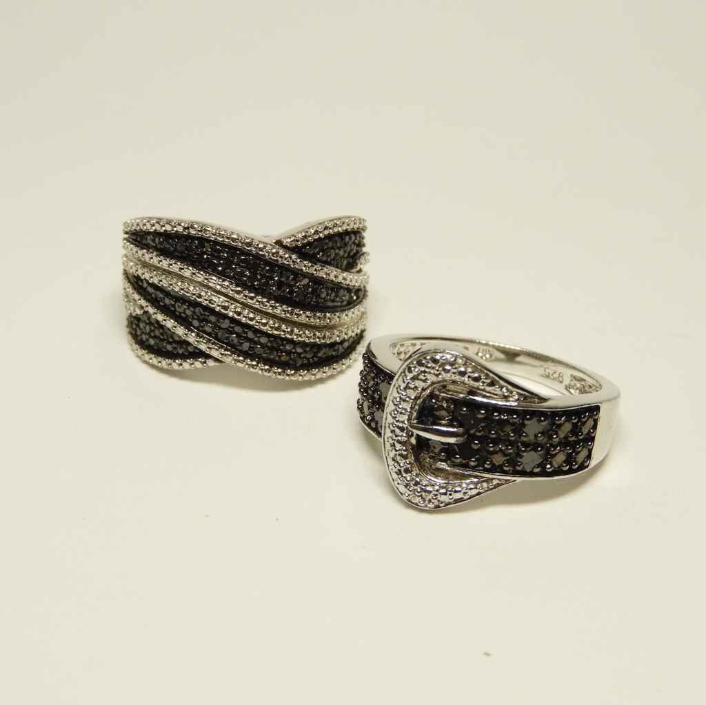 Appraisal: TWO HIGH STYLE STERLING SILVER BLACK DIAMOND RINGS th CenturySterling