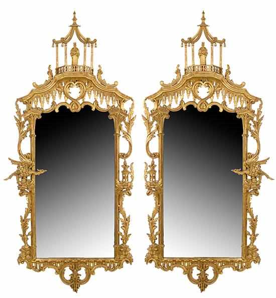 Appraisal: Pair Chinese Chippendale style giltwood mirrors early th century pediment