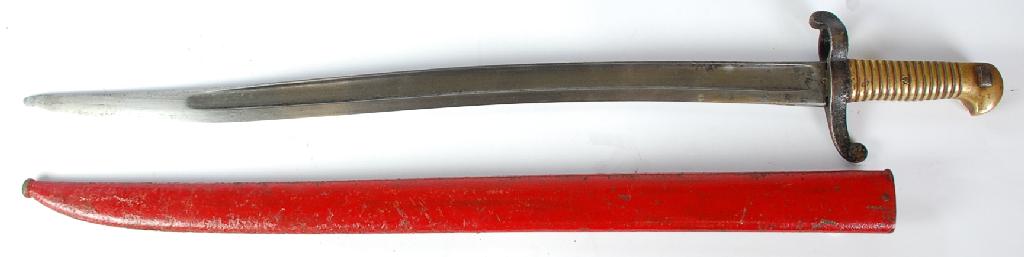 Appraisal: FRENCH MID NINETEENTH CENTURY SWORD BAYONET with brass grip scrolled