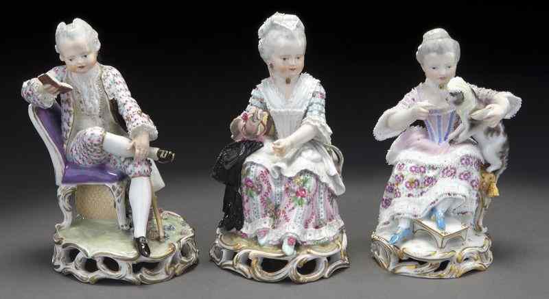 Appraisal: Meissen porcelain figures applied with lace including gentleman seated reading