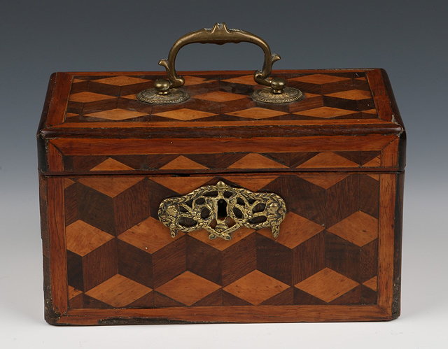 Appraisal: A LATE GEORGIAN TEA CADDY with parquetry geometric decoration and