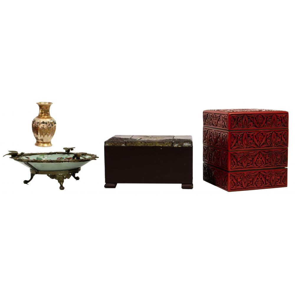 Appraisal: ASIAN DECORATIVE OBJECT ASSORTMENT items including a cinnabar-style stacking box