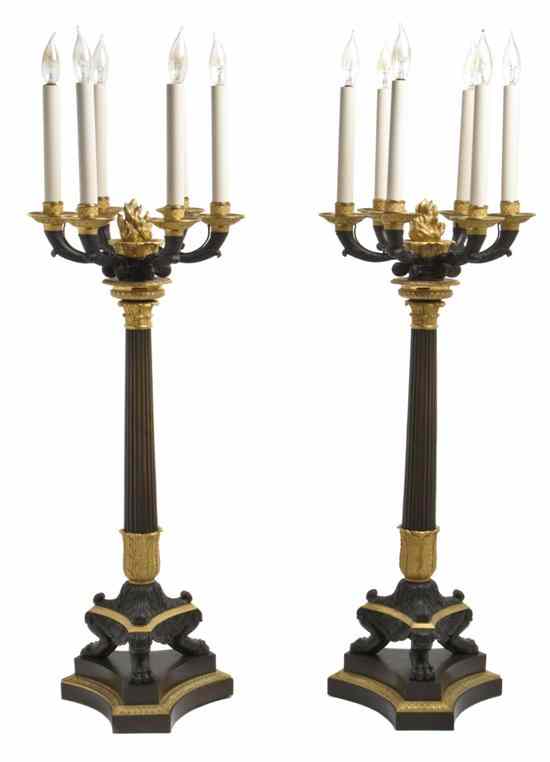 Appraisal: A Pair of Empire Gilt and Patinated Bronze Six-Light Candelabra