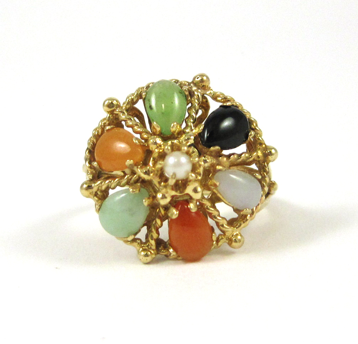 Appraisal: MULTI COLOR JADE AND FOURTEEN KARAT GOLD RING with six