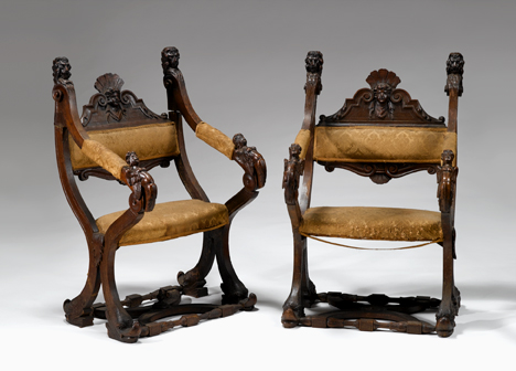 Appraisal: Pair of Italian Renaissance style carved walnut armchairs th century