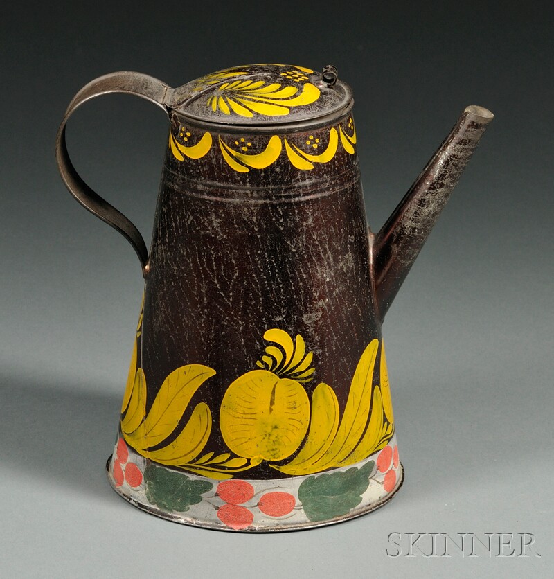 Appraisal: Polychrome-painted Tinware Coffeepot Philadelphia c lighthouse-form painted with stylized foliage