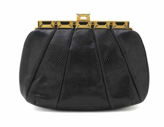 Appraisal: A Judith Leiber Navy Lizardskin Evening Clutch goldtone geometric hardware