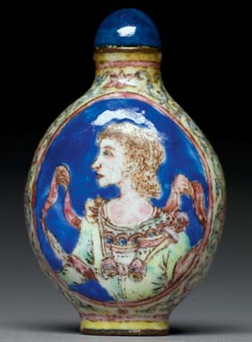 Appraisal: QIANLONG ENAMEL SNUFF BOTTLE Antique enamel on copper snuff bottle