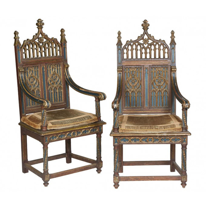 Appraisal: Pair of American Carved and Polychromed Oak Altar Chairs th