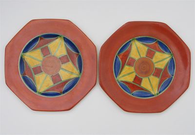 Appraisal: Original Bizarre' a pair of Clarice Cliff Octagonal plates painted