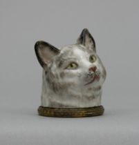 Appraisal: Hand Painted Porcelain Cat Container with Lid Early Meissen copy