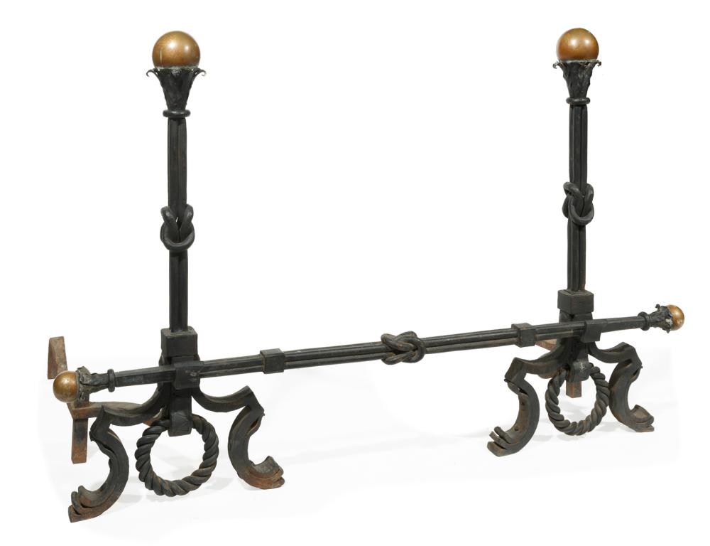 Appraisal: Pair of Continental Wrought Iron and Bronze Andirons with knotted