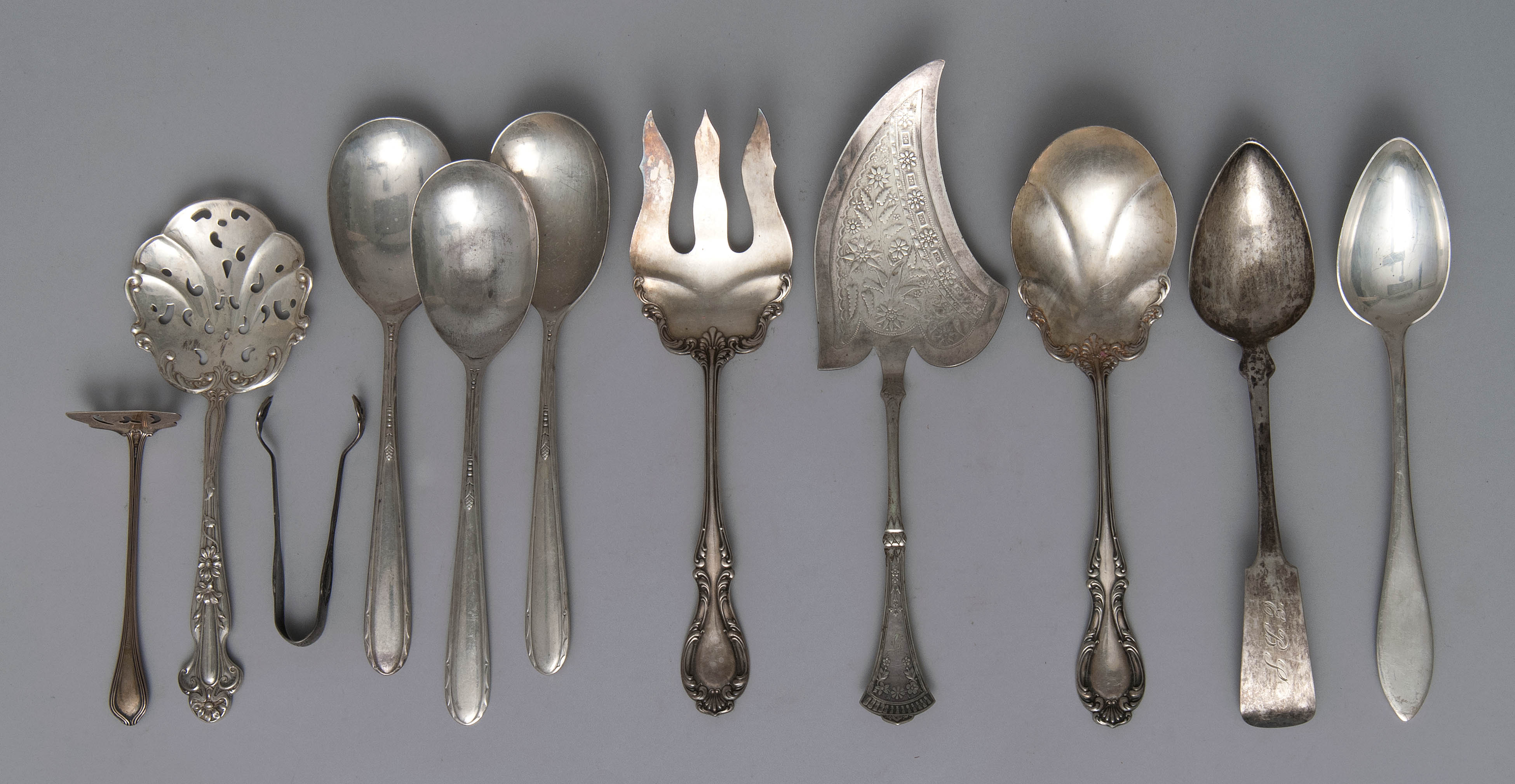 Appraisal: ELEVEN STERLING SILVER AND SILVER PLATED SERVING PIECES By various