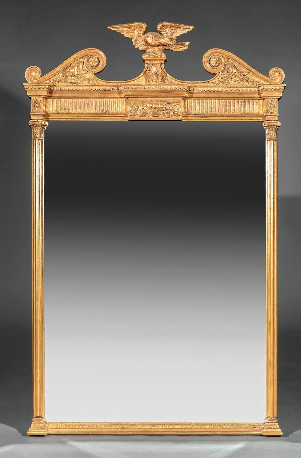 Appraisal: Pair of Federal-Style Carved Giltwood Overmantel Mirrors each with broken