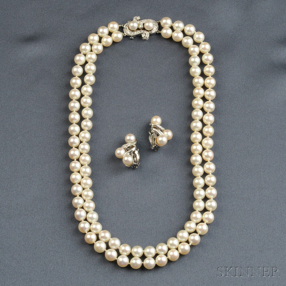 Appraisal: Cultured Pearl Necklace and Earclips a double-strand pearl necklace composed