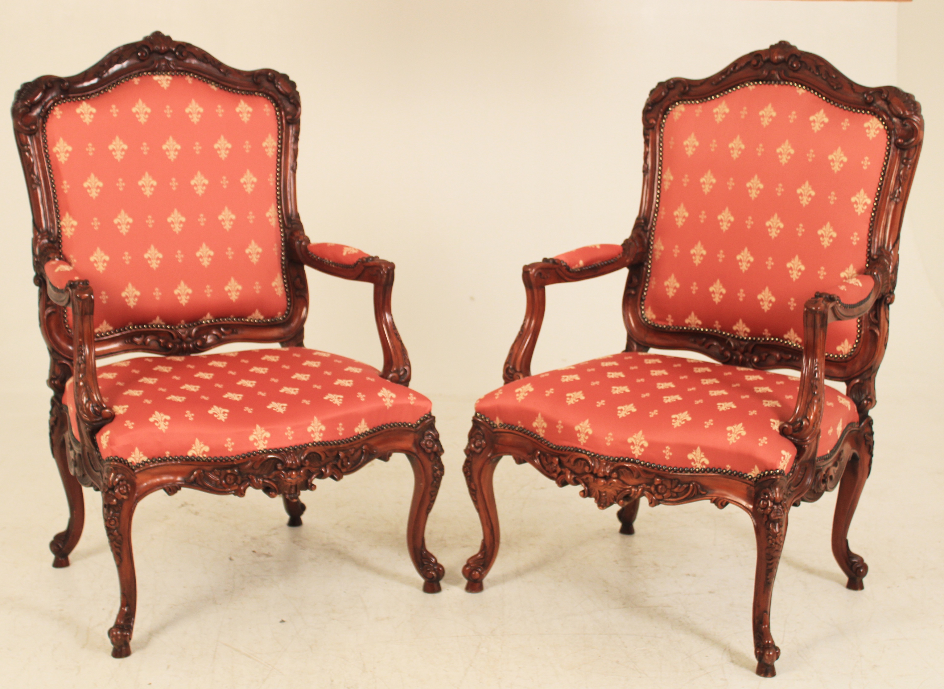 Appraisal: PR OF FRENCH LOUIS XV STYLE MAHOGANY FAUTEUILS Pair of