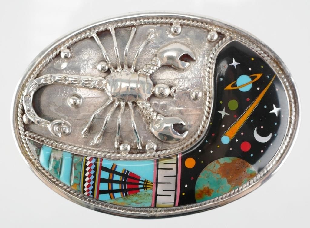 Appraisal: Native American style sterling silver oval belt buckle featuring a