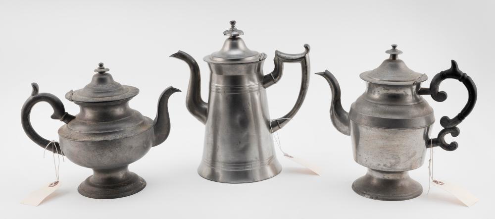 Appraisal: THREE GEORGE RICHARDSON PEWTER TEAPOTS RHODE ISLAND FIRST HALF OF