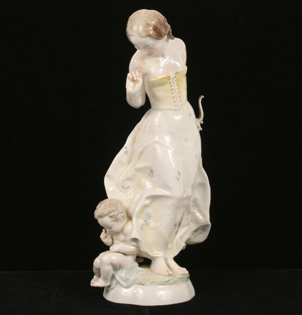 Appraisal: Porcelain figure Hutschenreuther maiden holding bow of despondent Cupid H