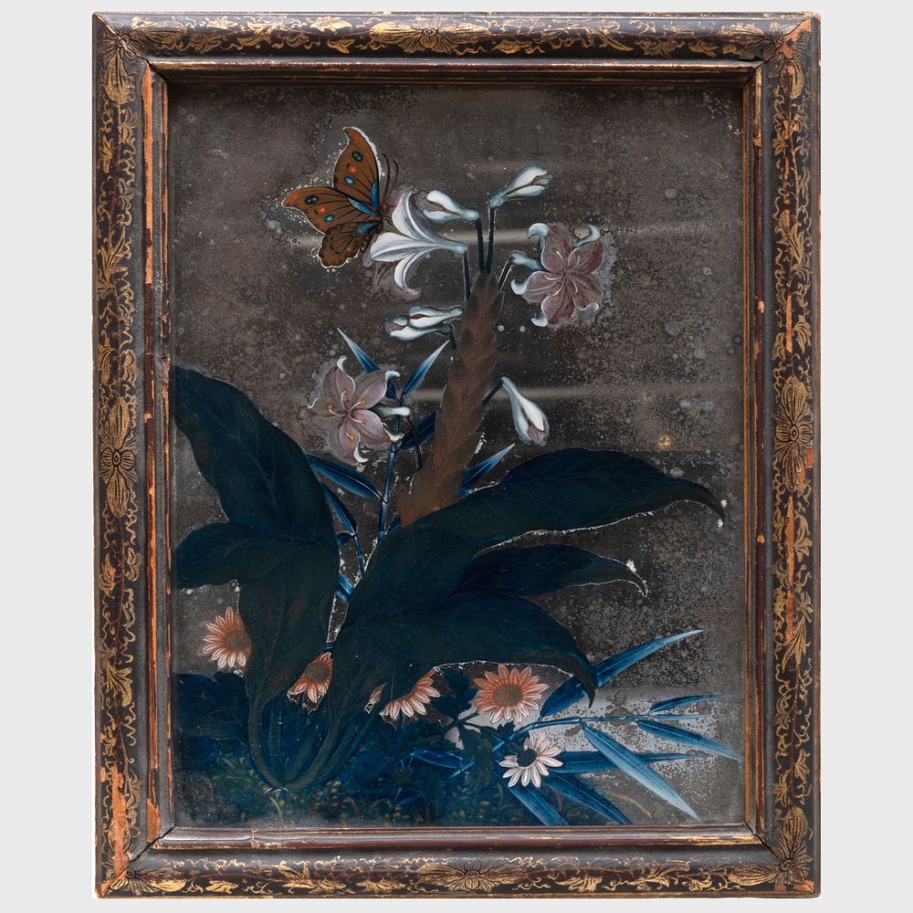 Appraisal: Chinese Export Reverse Glass Painted Flower Study with Butterfly x