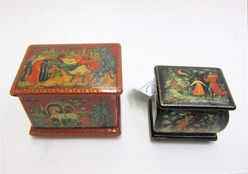 Appraisal: TWO RUSSIAN LACQUERED AND HAND PAINTED BOXES Silverhoof by Surkova