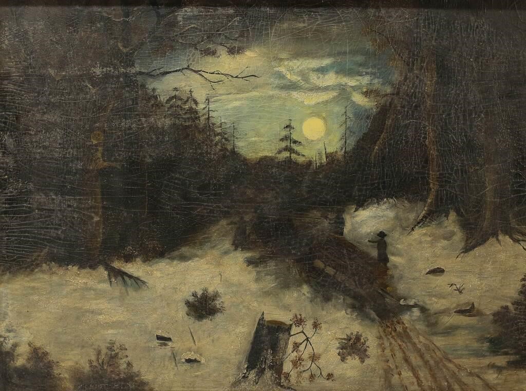 Appraisal: Oil on board moonlight winter scene Unsigned x x Crazing