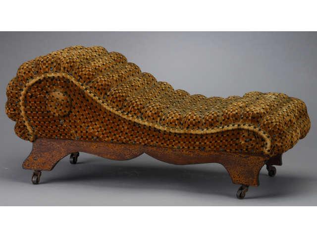 Appraisal: Doll-Size Chaise Lounge America ca scrolled oak feet with tufted