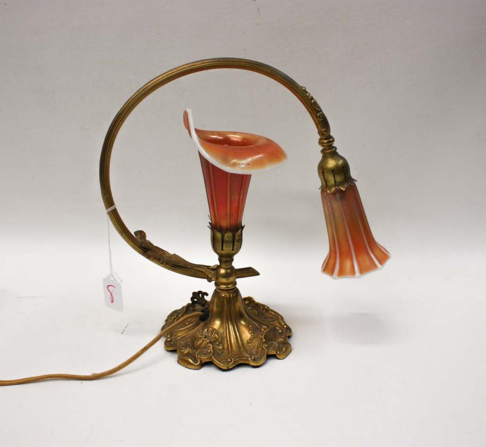 Appraisal: TWO-LIGHT LILY PIANO LAMP gilt metal with glass shades having