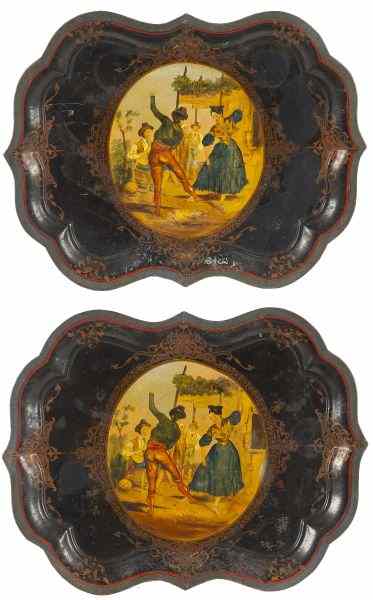 Appraisal: Pair of William IV Tole Trayscirca black with colorfully painted