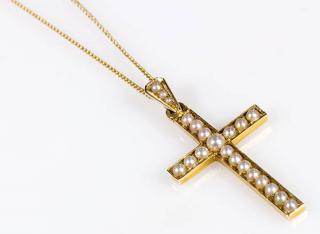 Appraisal: Pearl and k yellow gold cross pendant necklace Pearl and