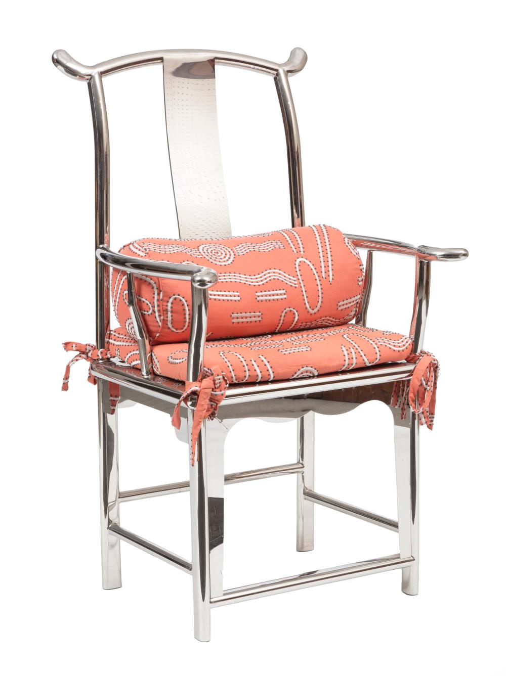 Appraisal: Vincent Wolf Ming-Style Chrome Armchair flared crest rail scrolled arms