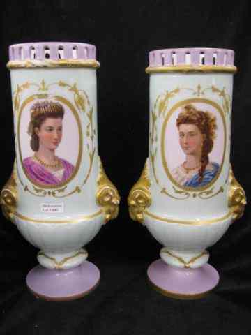 Appraisal: Pair of Old Paris Porcelain Portrait Vases royalty scenes reticulated