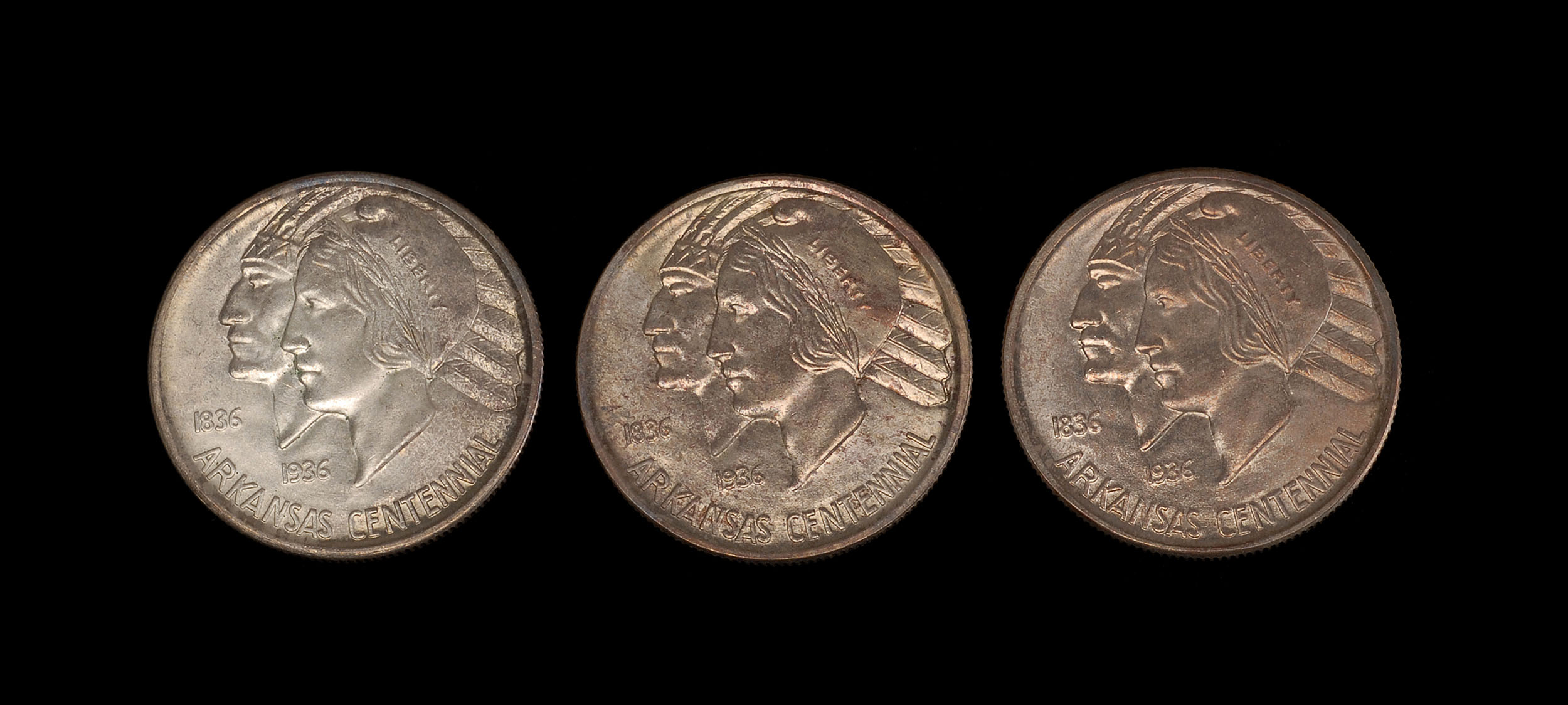 Appraisal: SET OF THREE ARKANSAS CENTENNIAL U S COMMEMORATIVE HALF DOLLARS